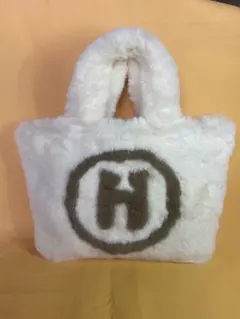 ファー素材 Hロゴ ハンドバッグ ホワイト