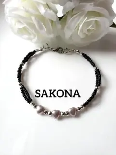 ブラック　シルバー　グレー ハート型ビーズ 　ブレスレット　ハンドメイド