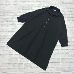 ロングシャツワンピース ハーフボタン ビッグシルエット 体型カバー ブラック F