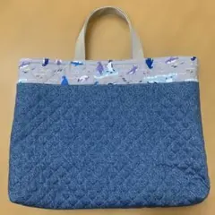 デニム風ブルー ペンギン柄 レッスンバッグ