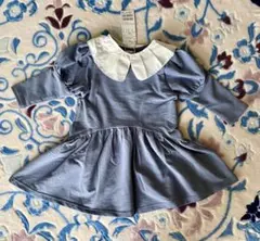 【新品】petit main プティマイン長袖ワンピース 襟付き ブルー90cm