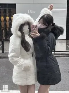 ベルト付き ファーダウンコート 黒