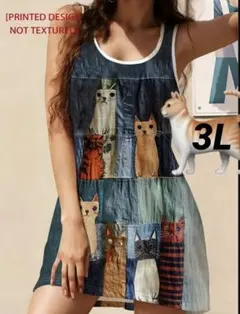 新品【３Ｌ大きいサイズ】デニム風プリント猫ちゃんストレッチチュニックワンピース
