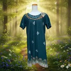 森ガール フェアリーグランジ エスニック 総柄グリーンチュニック ワンピース