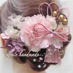 桜ピンク＆パープル〜和装花髪飾り〜結婚式　成人式　卒業式　振袖　着物　袴　水引