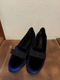 RANDA スエードリボンローファー　ネイビー ヒール　パンプス　パーティー