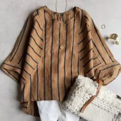美品▲LOVELESSラブレス//ラメストライプブラウス▲リネン混　ブラウン 美品△LOVELESSラブレス//ラメストライプブラウス△リネン混 ブラウン