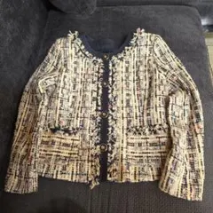 ノーカラージャケット ベージュ系 フリンジ加工