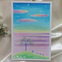 朝日を見つめる親子猫 海の絵 オイルパステル画 絵画 原画 ハガキ
