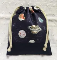 ハンドメイド、宇宙柄の給食袋、巾着袋、コップ入れ、紺色