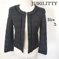【JUSGLITTY】ツイード ノーカラージャケット ラメ 黒 サイズ2