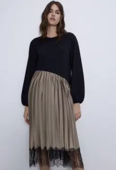 新品☆ZARA ザラ コンビ素材プリーツワンピース M