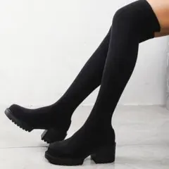 ブラック厚底ニーハイブーツ 靴下素材（値下げ可能）