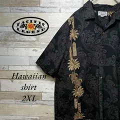 PACIFIC LEGENDアロハシャツ　柄シャツ　HAWAII製　墨黒　2XL