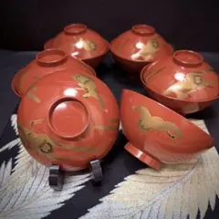 漆器 輪島塗 金蒔絵松鶴文 木製 蓋付椀 お煮物椀 吸物椀 5客 骨董品