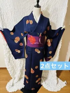 紺色 花柄 小紋着物 帯付き