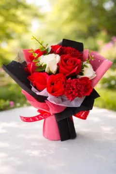 赤と白のバラとカーネーションのソープブーケ