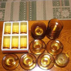 最終再値下げ昭和レトロvintageアンバーコーヒー&グラス&中鉢2小物入