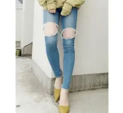 GYDA ダメージ加工 スキニーデニム ライトブルー