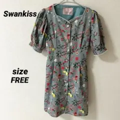 Swankiss 花柄　ワンピース　半袖　膝丈　かわいい　ブルー　グレー