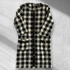 【美品】ZARA ツイードワンピース チェック 金ボタン フリンジ S【F74】