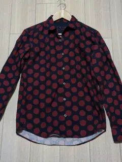 【美品】大判ドット柄 長袖シャツ ネイビー×レッド