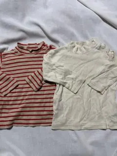 赤×ベージュ ホワイトストライプ 長袖Tシャツ 80センチ 2枚セット 千趣会