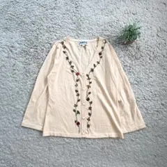 【ホコモモラ】花刺繍 7分袖カーディガン トップス コットン L お洒落 上品
