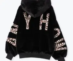 ブルゾン ジャンパー　バックロゴヒョウ柄パーカーふわふわもこもこファー英字黒くろ