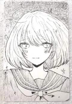 【オリジナル】手描きイラスト アナログイラスト ペン画 セーラー服少女