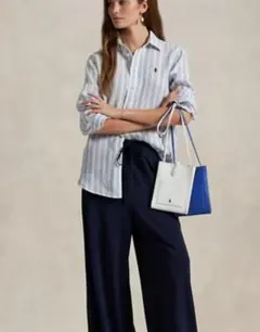 ✨【極美品】ポロラルフローレンストライプオーバーサイズリネンシャツネイビーポニー