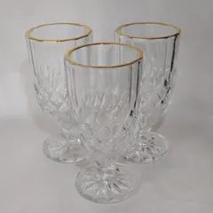 昭和レトロ 脚付きグラス3個組 厚みあり クリア×金縁 プレスガラス 美品