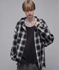 loose ダメージフードチェックシャツ