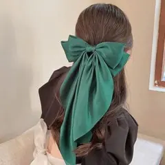 ヘアアクセサリー ヘアクリップ バレッタ ビッグリボン 髪留め グリーン
