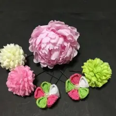 つまみ細工 髪飾り ピンク 緑 白 6点セット