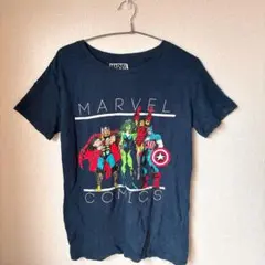 マーベル プリント Tシャツ クルーネック 半袖 MからL紺 綿混 お出かけ