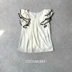 CECILMcBEE/フリルブラウス/M/アイボリー/シフォン/半袖/大人可愛い