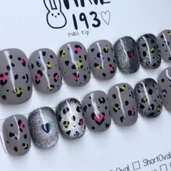 #113+現品発送 ネイルチップ 14本セット グレー ギャル ヒョウ柄