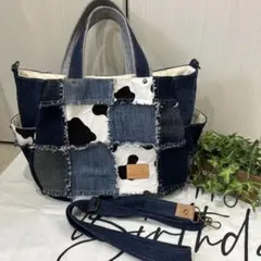 【1点品】デニムリメイクチワワちゃん×肉球2wayパッチワークトート・デニム花付 1点品】デニムリメイクチワワちゃん×肉球2wayパッチワークトート