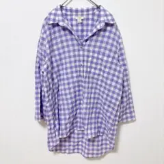 J.CREW ギンガムチェックシャツ 七分袖 紫 白 M 袖口切りっぱなし