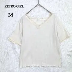 レトロガール レース カットソー M 半袖 リブ ホワイト