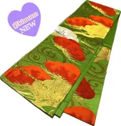 《1B67》＼初心者応援価格／ 袋帯 六通 ゴールド 緑 赤 402cm