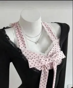 レース パッチワーク 長袖 ウィメンズ コントラストカラー リボン ネック