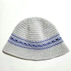 クロシェハット　クラッシャーハット　バケットハット　グレー×ブルー　透かし編み