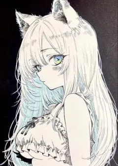 【一点物】オリジナル手描きイラスト　アナログイラスト　猫耳ガール　ペン画　OC絵