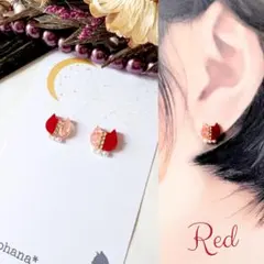 煌めく バイカラー 猫 ピアス イヤリング レッド
