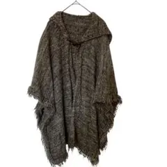 美品 ポンチョ S～M グレー フリンジ フード付 カジュアル 防寒 羽織