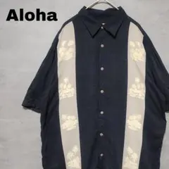 ヤシの木 パネルライン アロハシャツ レーヨン 黒 ブラック Ｌのサムネイル