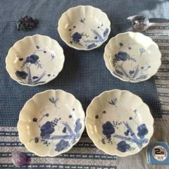 江戸時代　古伊万里　染付　葡萄　羽虫　竹　吉祥紋様　膾皿　5客