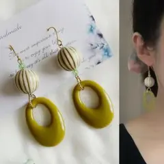 アンティークカボチャ×グリーンティ　アシンメトリー　originalピアス